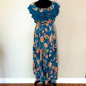Blue Floral Print Maxi Dress